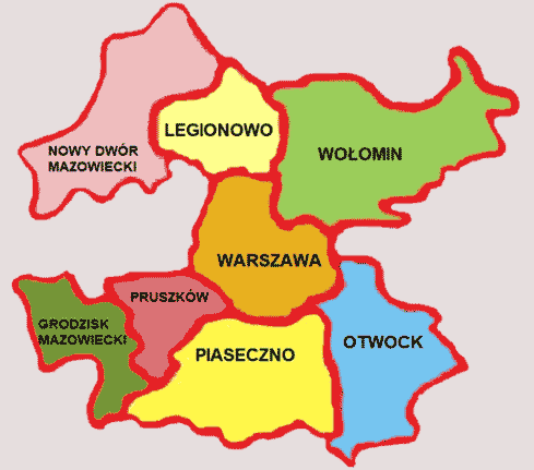 Warszawa, Legionowo, Wołomin, Pruszków Piaseczno, Otwock, Grodzisk Mazowiecki, Nowy Dwór Mazowiecki